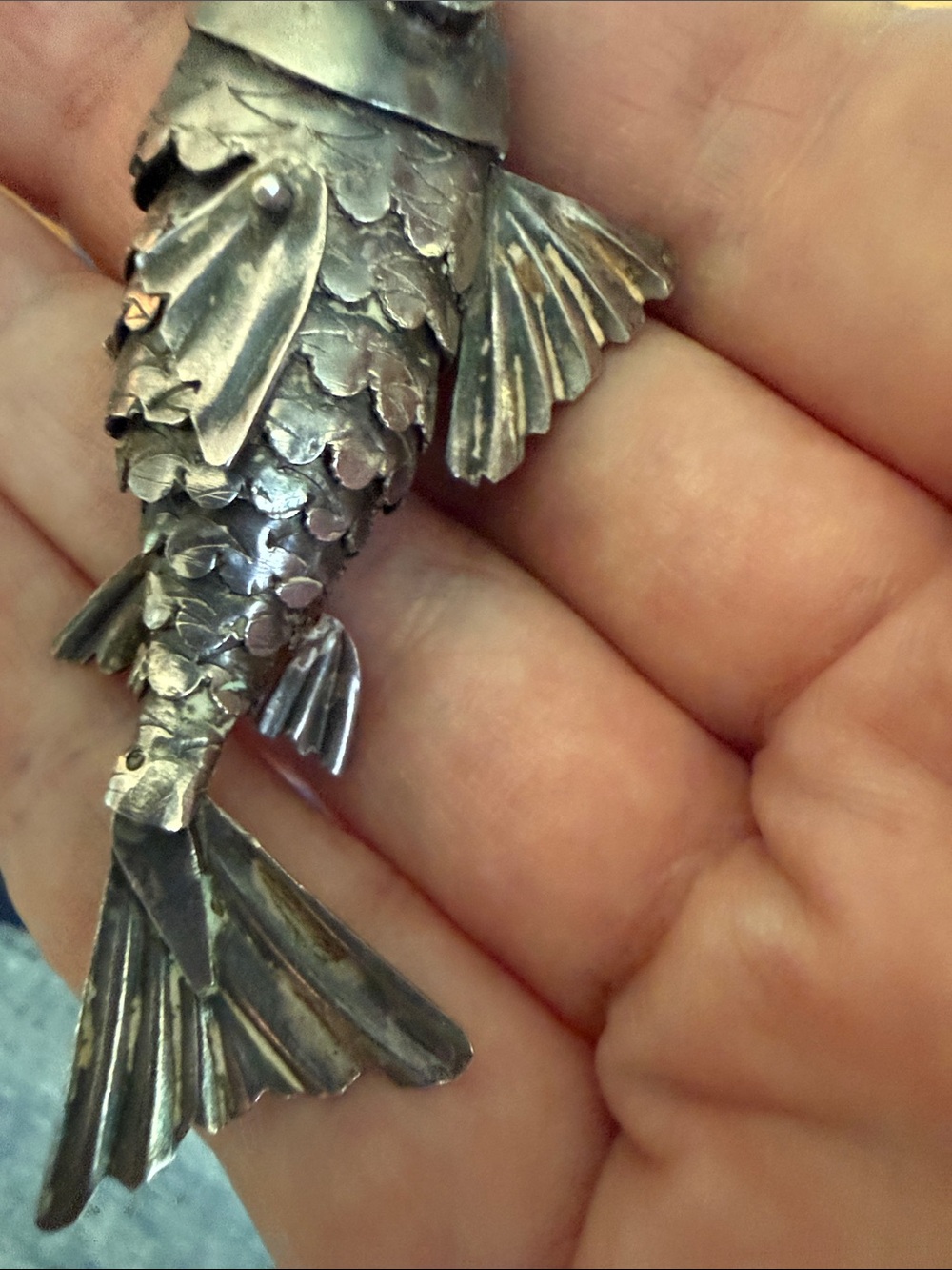 Vintage MRT Sterling Silver 925 Large Articulated Moving Fish Pendant Turquoise - Picture 3 of 6